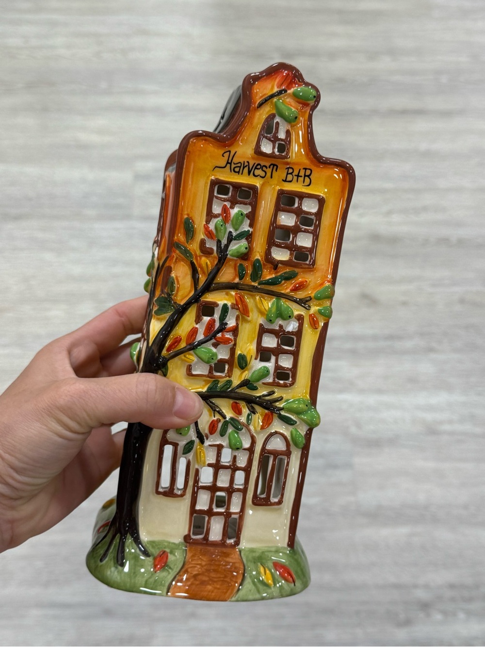 Blue Sky Harvest Ceramic House Figurine in Orange, Green, Brown